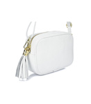 Biała włoska torebka skórzana listonoszka frędzle