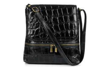 Włoska skórzana torebka damska listonoszka czarna. Wzór CROCO.