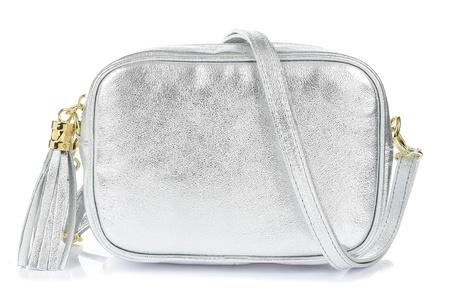 Srebrna włoska skórzana listonoszka z frędzlem