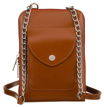 Malutka torebka damska na telefon Camelowa mini listonoszka Skórzana