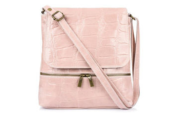 Włoska skórzana torebka damska listonoszka różowa. Wzór CROCO.