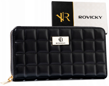 Elegancki duży portfel damski na suwak czarny pikowany - Rovicky