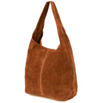 Zamszowa torebka damska z włoskiej skóry na suwak. KONIAKOWA brązowa