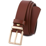 Brązowy pasek damski skórzany. Złota klamra. 115 cm.