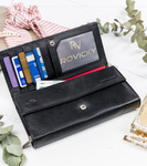 Duży skórzany portfel damski czarny. Zatrzask.