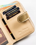 Złoty portfel damski pionowy. Skóra naturalna z ochroną RFID