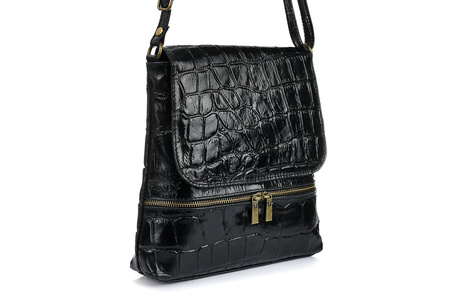 Włoska skórzana torebka damska listonoszka czarna. Wzór CROCO.