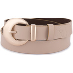 Beżowy pasek damski skórzany. Złota klamra. 105 cm.