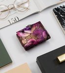 Mały portfel damski skórzany - opalizujący różowy i złoty