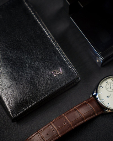 Duży, pionowy portfel męski bez zapięcia z błyszczącej skóry naturalnej — Rovicky