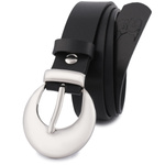 Skórzany pasek damski CZARNY. Srebrna klamra. 115 cm.