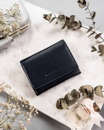 Praktyczny damski skórzany granatowy portfel. Zatrzask.