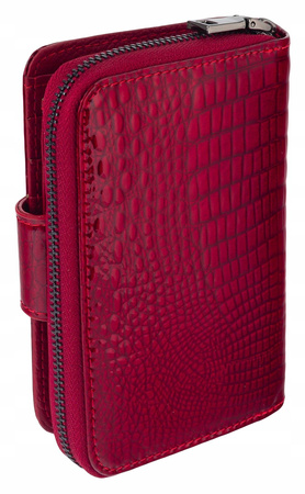 Pionowy skórzany portfel damski czerwony lakierowany