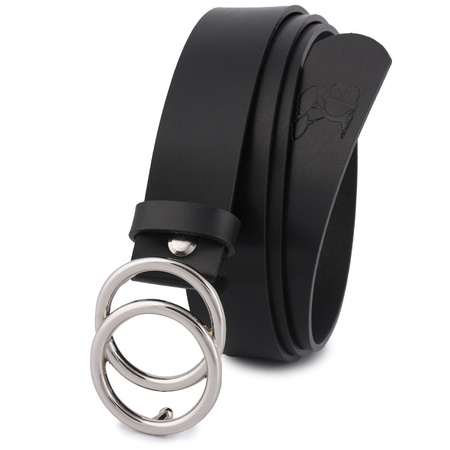 Czarny pasek damski skórzany ze srebrną okrągłą klamrą
